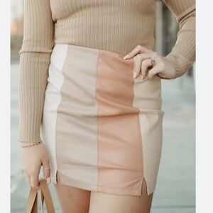 NWT Peach Love Ledoux faux leather Skirt Color block peach and tan